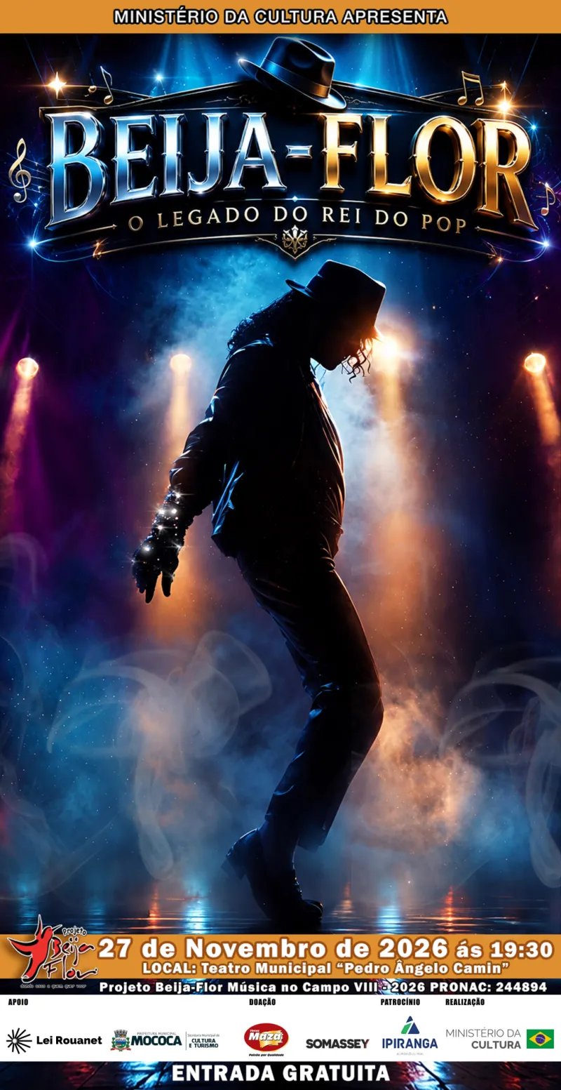 Ministério da Cultura apresenta "O Legado do Rei do Pop", dia 27 de Novembro às 19:30hs, local Teatro Municipal Pedro Ângelo Camin, Entrada Gratuita. A imagem (sombra) de Michael Jackson no palco com luzes e uma nevoa, como em seus shows.